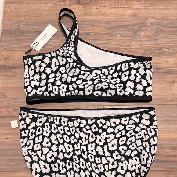 Bikini Calvin Klein One Shoulder Bikini Swim Set Animal Print Black White XXL - Picture 3 of 9